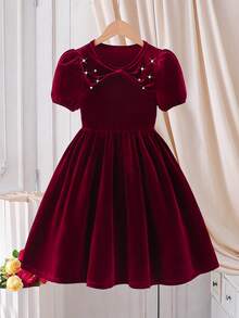 Glamorique Kids Girls' Elegant Vintage Style Dress, Burgundy Short Sleeve With Bow Tie & Pearl Decor, Round Neck, Waist Cinched, Suitable For Christmas, Halloween, Birthday, Spring/Autumn - Burgundy - View 3