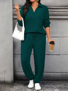 Calvaya Plus Size Casual Solid Color Long Sleeve Top And Pants 2 Pieces Set, Autumn - Dark Green - View 4