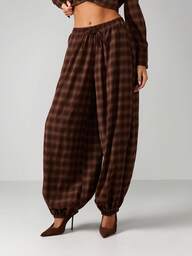 MISSGUIDED מכנסי פאלאצו רחבים משובצים לנשים מותן גבוה קז'ואל סתיו חורף נוח גזרה רפויה