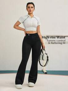 Flexra Women's Solid Color Pocket Flare Leg Elegant Fashion Jeans - Black - View 3