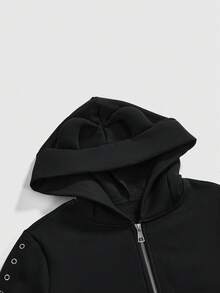 ROMWE Grunge Punk Dark Cute Devil Horn Metal Rivet Trim Slim Fit Hooded Sweatshirt - Black - View 5