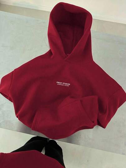 SHEIN 大码休闲字母印花保暖内衬卫衣，秋冬季女装