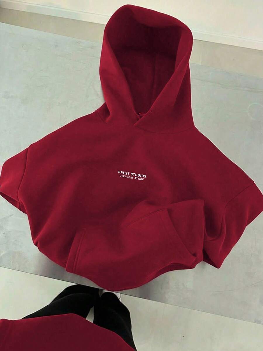 SHEIN Plus Size Casual Letter Print Thermal Lined Sweatshirt, Autumn/Winter Fall Cloth For Women - Burgundy - View 1