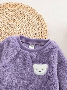 SHEIN 女婴可爱毛绒卡通图案保暖连帽衫套装，秋冬季 - 紫色 - 查看 5