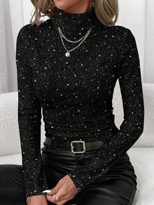 SHEIN Clasi 波点亮片印花针织女式休闲高领修身长袖上衣 - 优雅经典，完美适用于派对、聚会、约会和夜店之夜。适合秋冬季节穿着，也适合新年庆祝活动。 - 彩色 - 查看 7