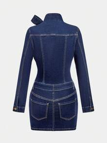 Sweetra Fashionable Casual Commuter Lady Collar Bowknot Open Front Denim Long Sleeve Bodycon Dress - Medium Wash - View 3