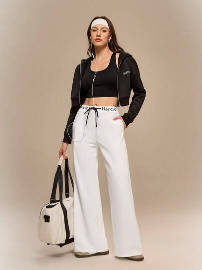 Hanevo Pantalones rectos de pierna con cintura elástica, estampado de letras y cintura con cordón ajustable para mujer. Ideales para uso diario y para la vuelta al cole.