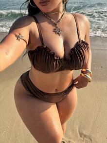 Swim SXY 2026新款夏季海滩度假风棕色钢圈褶皱荷叶边可调节肩带加大码泳衣套装，适合度假、派对和聚会。 - 咖啡棕 - 查看 4