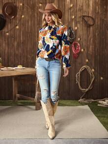 EMERY ROSE Women's Floral Print Ruffle Collar Long Sleeve Fashion Blouse - Navy Blue - View 6