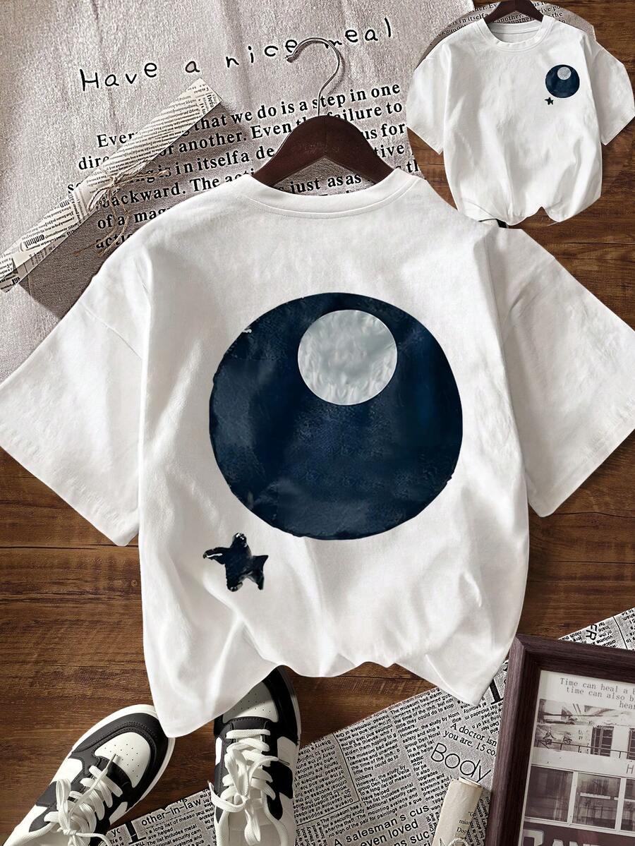 Resyla Casual Circle Print Short Sleeve T-Shirt, Summer - White - View 1