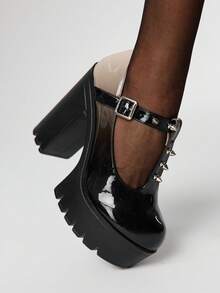 ROMWE Goth 女士复古黑红渐变厚底粗跟高跟鞋，春秋时尚双色金属铆钉T字带扣高跟低帮鞋 - 灰色 - 查看 3