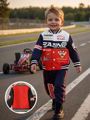 SHEIN Playful Pals 2pcs/Set Young Boy Autumn/Winter Fashion Casual Red & Black Contrast Color Letter & Racing Car Print Baseball Jacket Paired With Elastic Waist Pants, Suitable For 4Y-7Y Toddler Boys Outdoor Wear