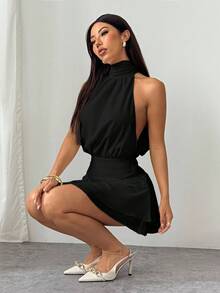 SHEIN PETITE Váy voan nhún eo cổ yếm gợi cảm và thanh lịch dành cho nữ - màu đen - Xem 7