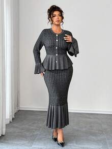 Elenzga Bộ đồ 2 món cho nữ cỡ lớn, vải dệt kim sọc bản rộng co giãn cao, thắt eo, tay áo loe, chân váy gấu đuôi cá, thanh lịch khi đi chơi, trà chiều, đi làm, hiện đại và thoải mái, cỡ lớn, màu xám đậm, bộ đồ 2 món váy maxi dài tay thu đông - Màu xám đen - Xem 3