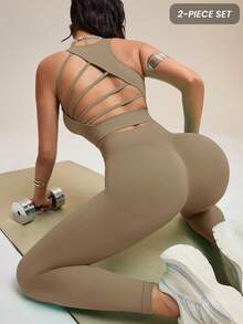 Innovista Women Seamless Nude Earth Tone Workout Set High Support Built In Bra With Criss Cross Back Straps & High Waist Leggings Tummy Control Compression Fit Quick Dry Breathable For Yoga Pilates HIIT Indoor Cycling Running Outdoor Gym Office To Street Fall Winter Athleisure Clean Girl Aesthetic Lightweight Transpirable Menopause Postpartum Friendly Fade Resistant Sports Women Set Gym Women Sets Workout Women Sets Valentine Day EssentialsNew Year Fitness Glow Up January Gym Motivation Workout Ready Festival Outfit - Khaki - View 4