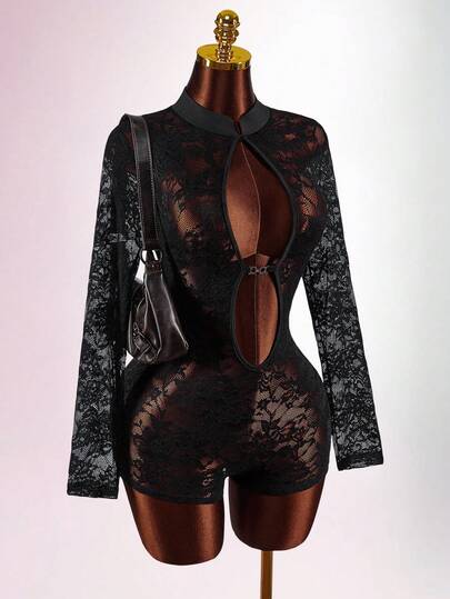 Amplova Damen Spitzen Bodysuit, sexy transparenter Jumpsuit mit Ausschnitten, langärmlig, geeignet für Partys und Silvester