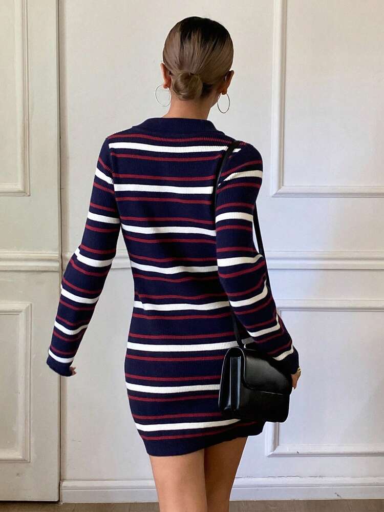 Color Block Striped Fitted Waist Long Sleeve Polo Collar Elegant Autumn/Winter Sweater Dress For Women