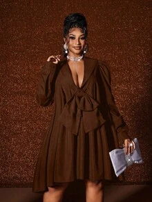 Maweii Vestido de Manga Longa com Laço Sexy e Fashionável em Cor Sólida para Mulheres Plus Size