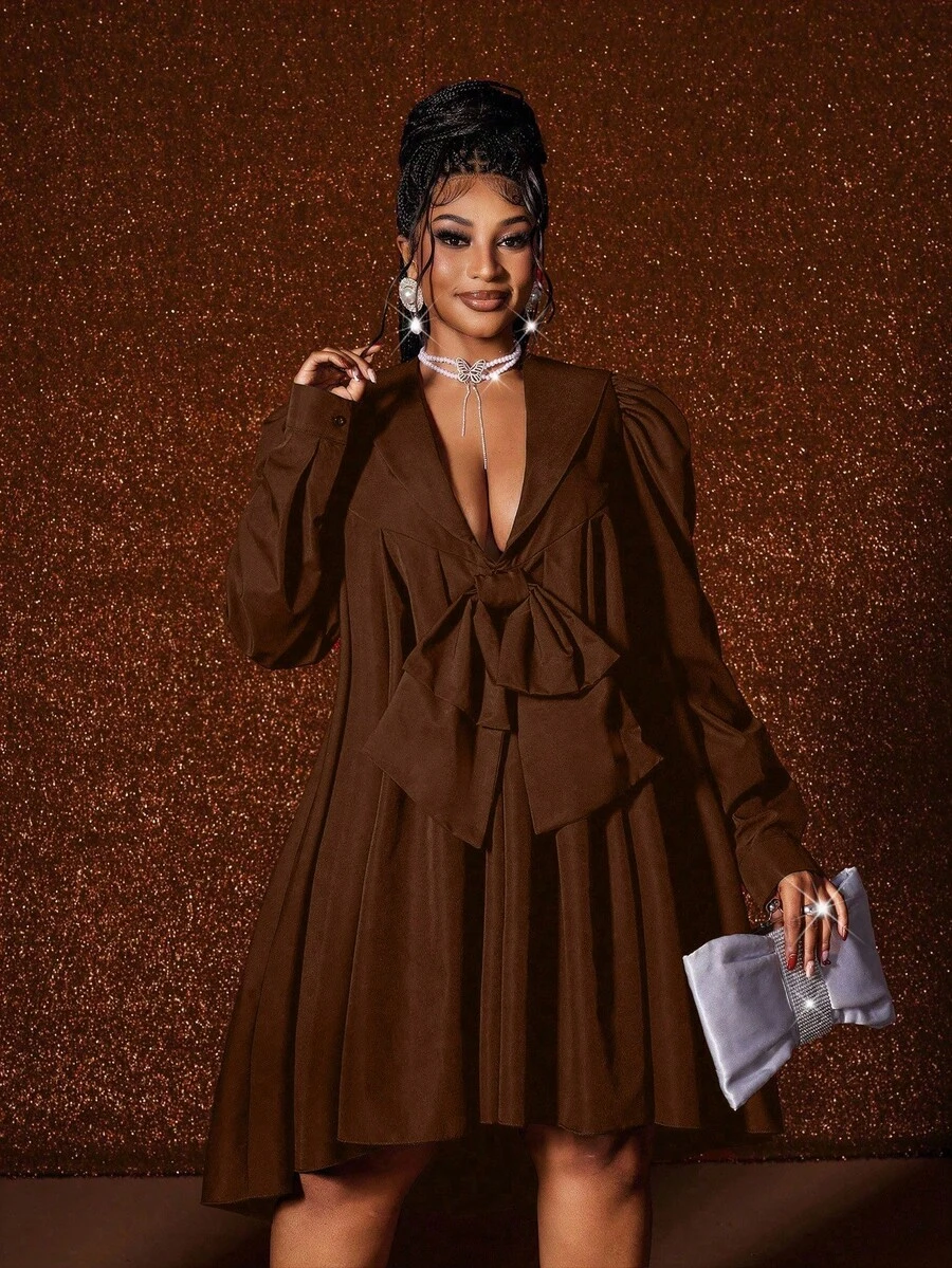 Maweii Vestido de Manga Longa com Laço Sexy e Fashionável em Cor Sólida para Mulheres Plus Size