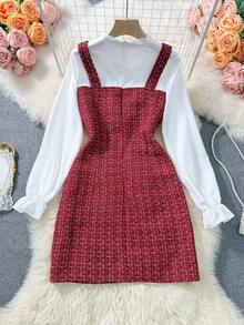 GlowEve 女士连衣裙，别致的白色衬衫搭配迷你粗花呢连衣裙，时尚休闲灵感，完美优雅，适合情人节和新年