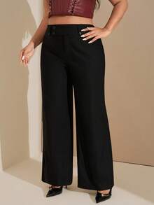 SHEIN Tall CURVE Pantalones anchos de pierna ancha de cintura baja, sueltos y versátiles, de estilo casual/de salida/de oficina, con bolsillos parche, para mujer de talla grande, para otoño/invierno, pantalones de vestir para mujer, ropa de trabajo, pantalones con pliegue estilo vintage, pantalones acampanados, pantalones de vestir negros para mujer, pantalones acampanados negros para mujer - Negro - Ver 3