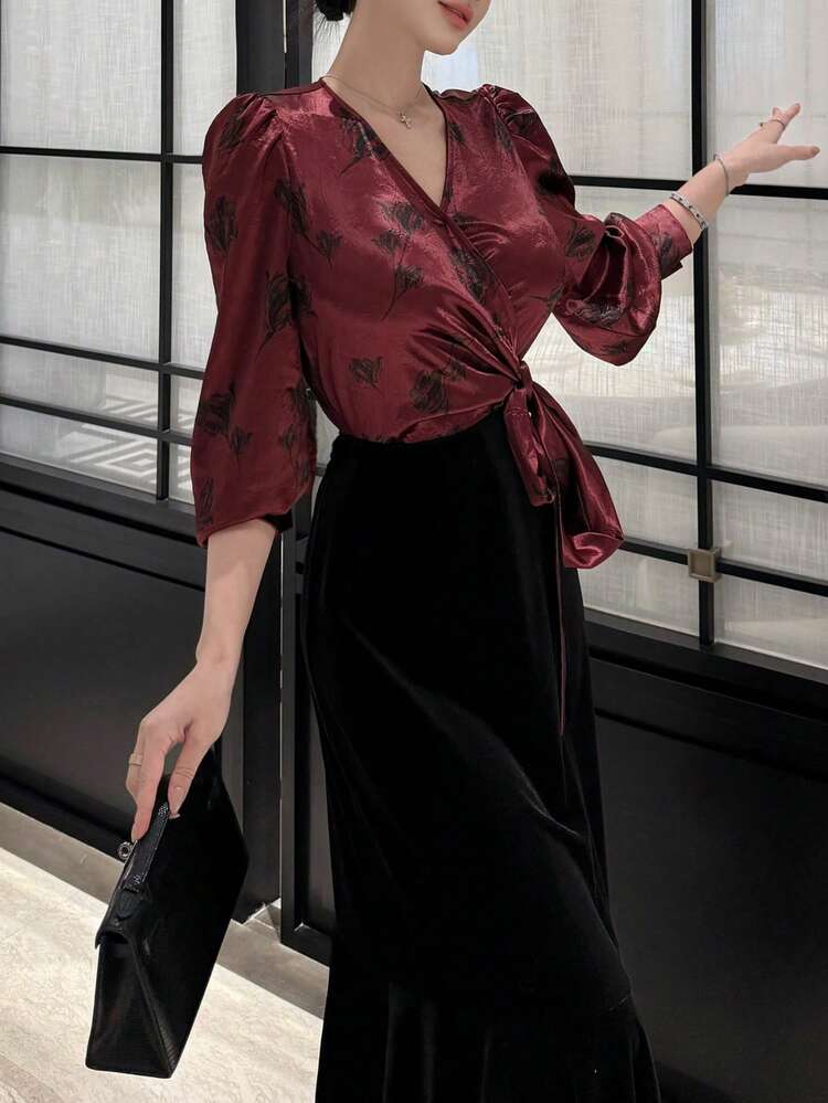 Women's Floral Print Wrap Tie Bubble Sleeve Elegant Dress Maxi Dress