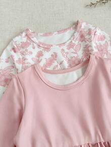 SHEIN 2件套女婴碎花印花弹力腰长袖连衣裙，舒适柔软，适合春、秋、冬三季，6个月-3岁 - 粉色 - 查看 3