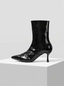 Mnmlis Eleganti stivaletti alla caviglia con tacco a rocchetto alla francese, fibbia alla moda, cerniera laterale e punta affusolata