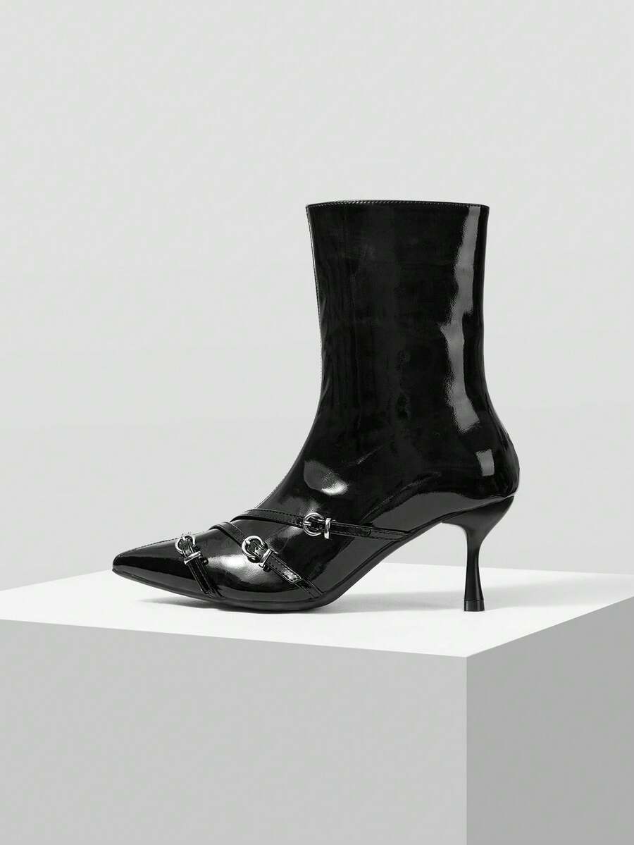 Mnmlis Eleganti stivaletti alla caviglia con tacco a rocchetto alla francese, fibbia alla moda, cerniera laterale e punta affusolata