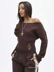 BABYPHAT Jersey de punto acanalado con hombro asimétrico y bordado de logo, manga larga, casual para otoño e invierno - Marrón - Ver 3