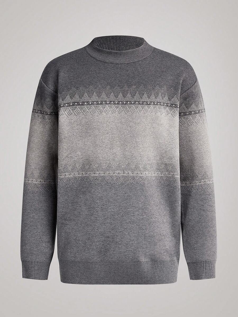 Officeau 男士加厚圆领毛衣，商务休闲提花针织长袖套头衫，适合叠穿或外穿，秋冬季，复古风格 - 淺灰色 - 查看 1