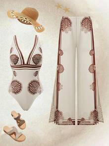 Swim Oasis Women's Shell & Ocean Boho Vintage Tummy Control One-Piece Swimsuit With Coverup, Brown, Suitable For Beach, Resort - Multicolor - View 1