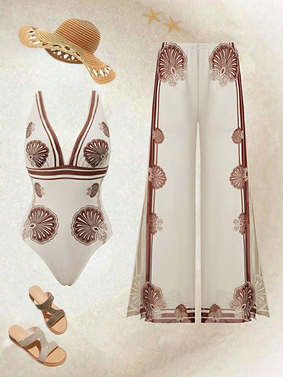 Swim Oasis Women's Shell & Ocean Boho Vintage Tummy Control One-Piece Swimsuit With Coverup, Brown, Suitable For Beach, Resort - Multicolor - View 1