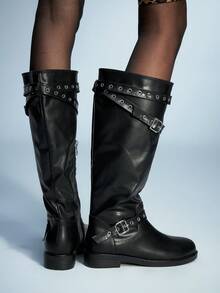 Sugerpunk Botas altas hasta la rodilla con cremallera y hebilla ajustable de moda para mujer - Negro - Ver 5