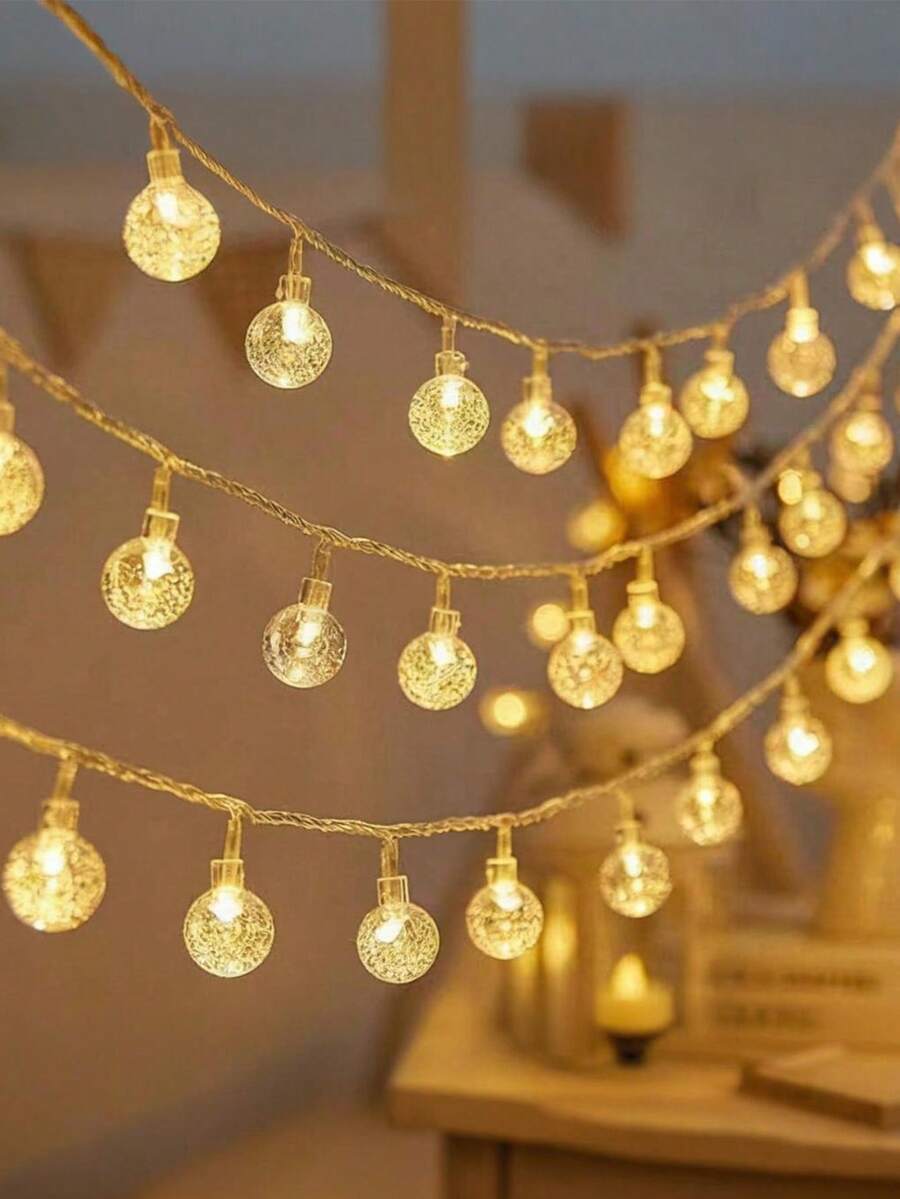 1PC 10/20/40/80 LED Crystal Ball String Lights, Warm White, Battery Operated, For Holiday Party, Romance, Bedroom, Home & Tent Decor