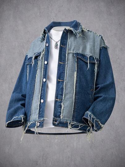 Manfinity Denimwave Unique High-End European Style Tassel Loose Denim Jacket Frayed Denim Jacket Distressed Denim Jacket Vintage Jacket Men