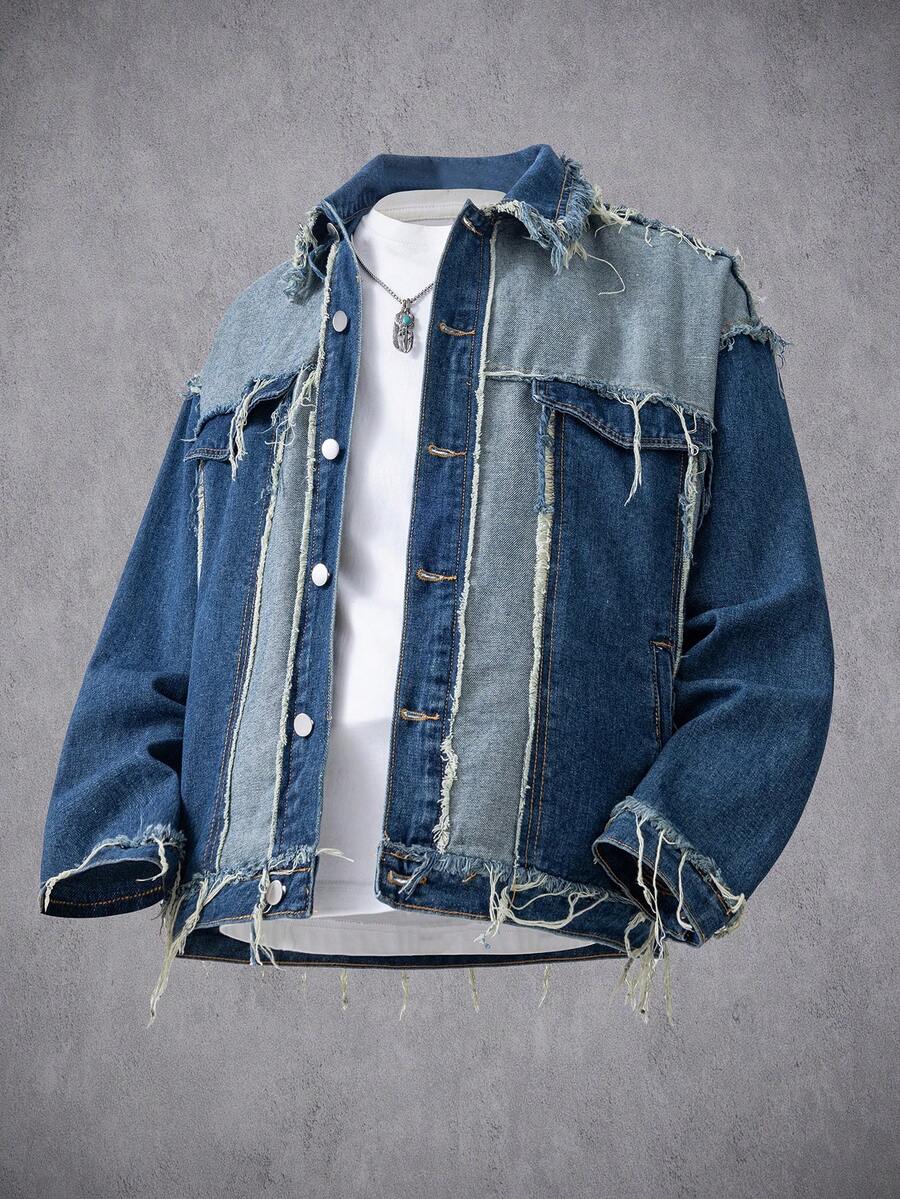 Manfinity Denimwave Unique High-End European Style Tassel Loose Denim Jacket Frayed Denim Jacket Distressed Denim Jacket Vintage Jacket Men - Blue - View 1