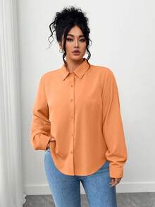 Elenzga 大码女式秋季简约橙色时尚长袖修身衬衫 - 橘色 - 查看 4