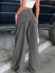 SHEIN Tall Quần jeans ống rộng cạp trễ có túi dành cho nữ, dáng rộng, dễ phối đồ - Màu xám đen - Xem 2