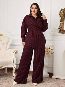 Modelyn Plus Size Women Drop Shoulder Striped Long Sleeve Shirt And Wide Leg Pants Casual 2-Piece Set - Burgundy - View 3