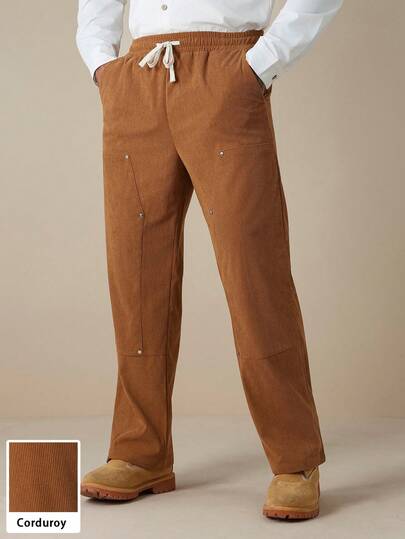 Manfinity Nomadique Men's Casual Bestselling Straight Leg Pants, INS Style, Corduroy Fabric, Suitable For Daily Wear And All Seasons, Essential Gift For Boyfriend/Husband, Men's Casual Apparel, Y2K Brown Pants Mens Linen Bottoms Brown Baggy Pants Western Pants Mens Corduroy Pants