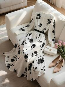 Franclia 女士秋冬连衣裙，圆领，长袖，花卉数码印花设计，腰部金属扣腰带装饰，休闲宽松时尚风格 - 彩色 - 查看 2