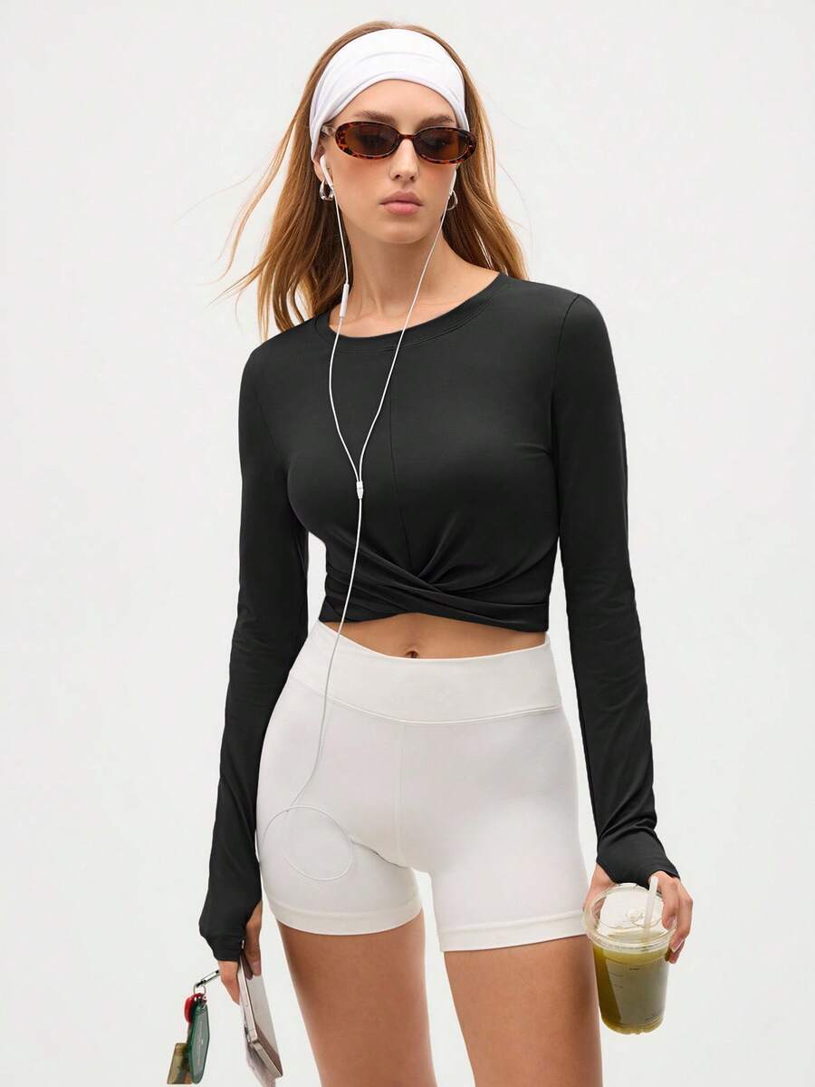 SHEIN Sports 女士纯色圆领长袖交叉下摆短款运动T恤 - 黑色 - 查看 1