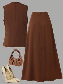Franclia Coffee-Color Women's Sleeveless Vest Matched With Coordinating Skirt, Women's Suit Set