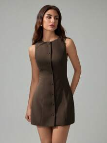 SHEIN Tall 女士纯色单排扣圆领休闲无袖迷你连衣裙 - 棕色 - 查看 6