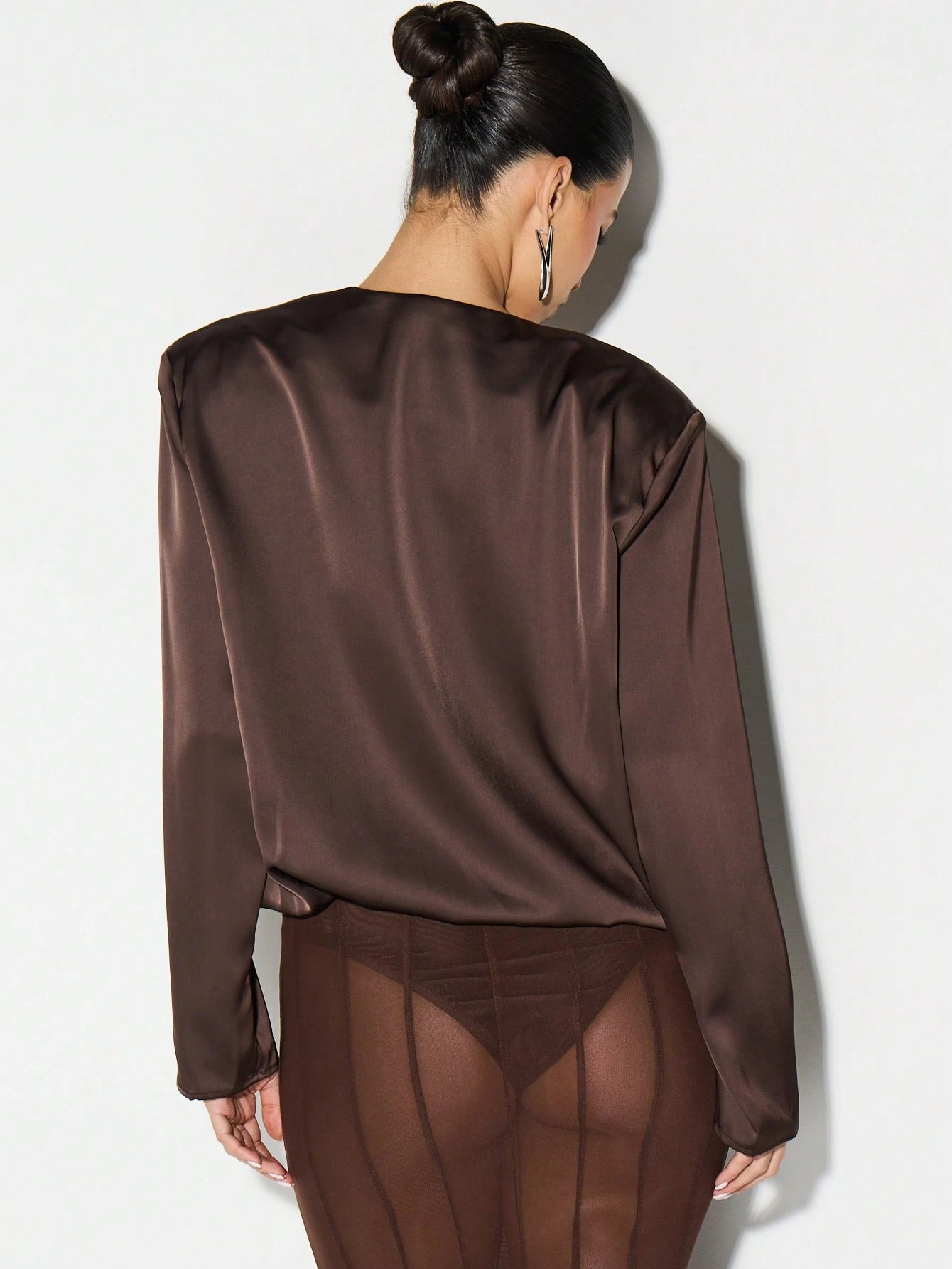 KIZN Satin V Neck Wrap Bodysuit With Shoulder Pads