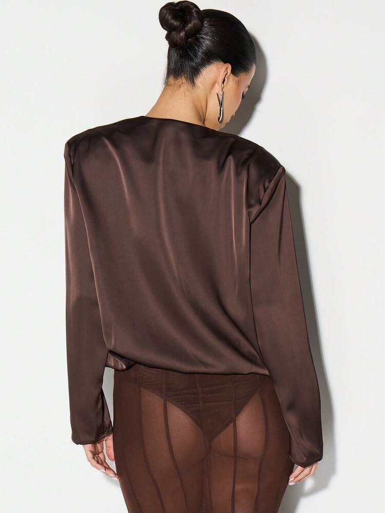 KIZN Satin V Neck Wrap Bodysuit With Shoulder Pads