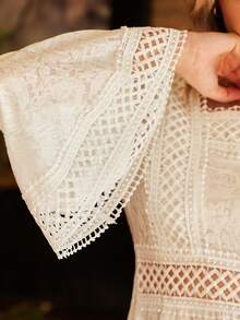 Lullawish Camisón de mujer con cuello cuadrado de jacquard tejido y mangas acampanadas, estilo bohemio y rosa