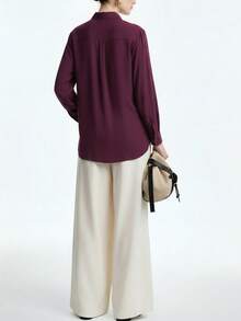 Aalyst 女士纯色前扣长袖口袋休闲衬衫 - 紫紅色 - 查看 2