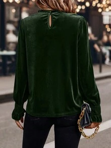 SHEIN LUNE Solid Color Stand Collar Long Lantern Sleeve Loose Fit Blouse - Green - View 2